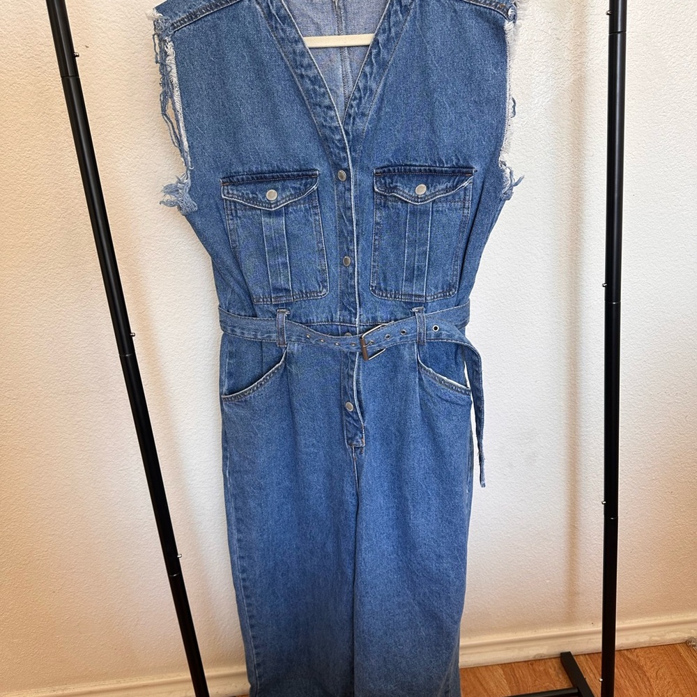 Sleeveless Denim Jumpsuit with Belt
